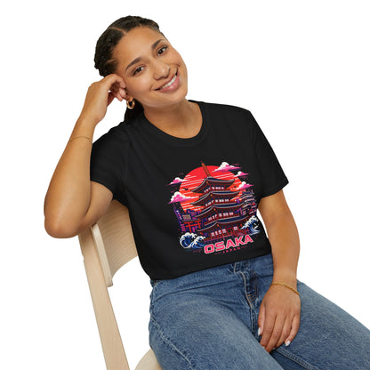 Black T-shirt with Osaka graphic print on the front, worn by a person sitting.
