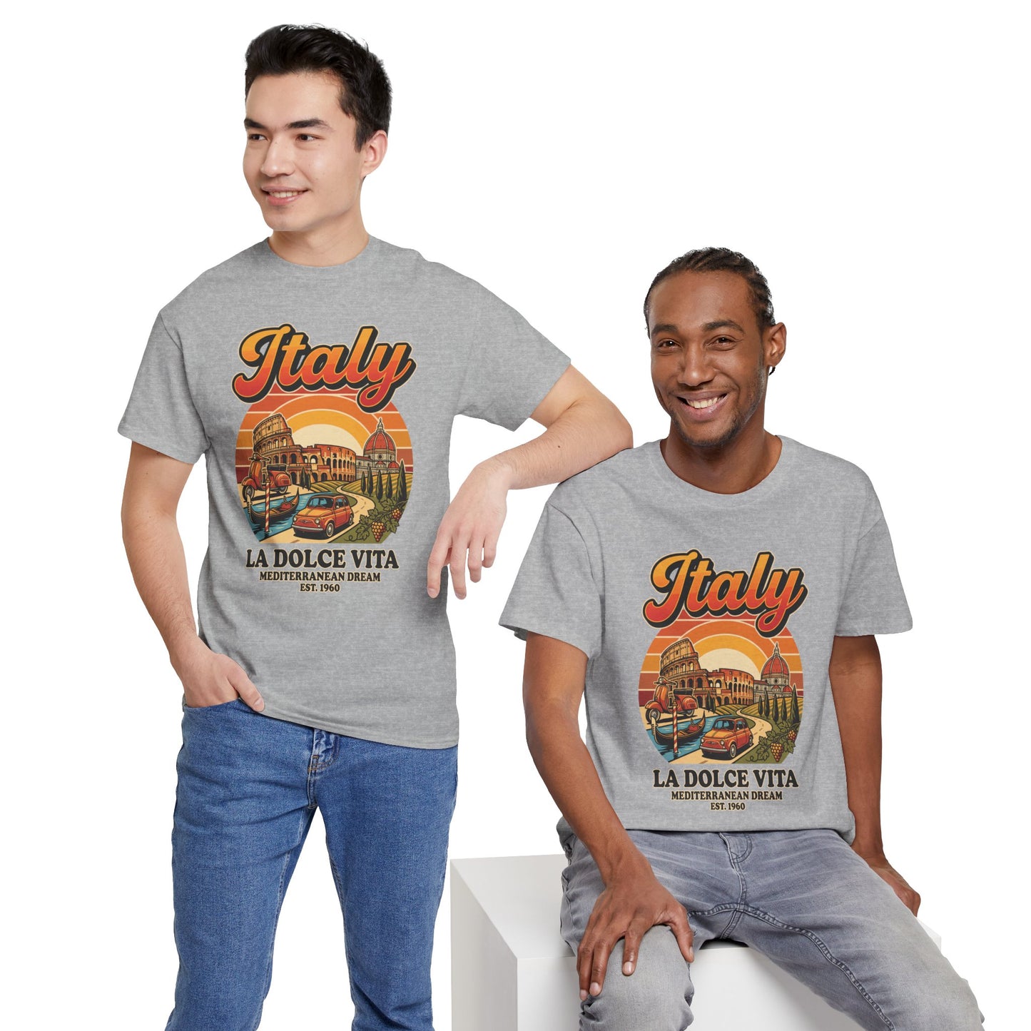 Heather gray vintage graphic T-shirt with front “Italy” print worn by two men