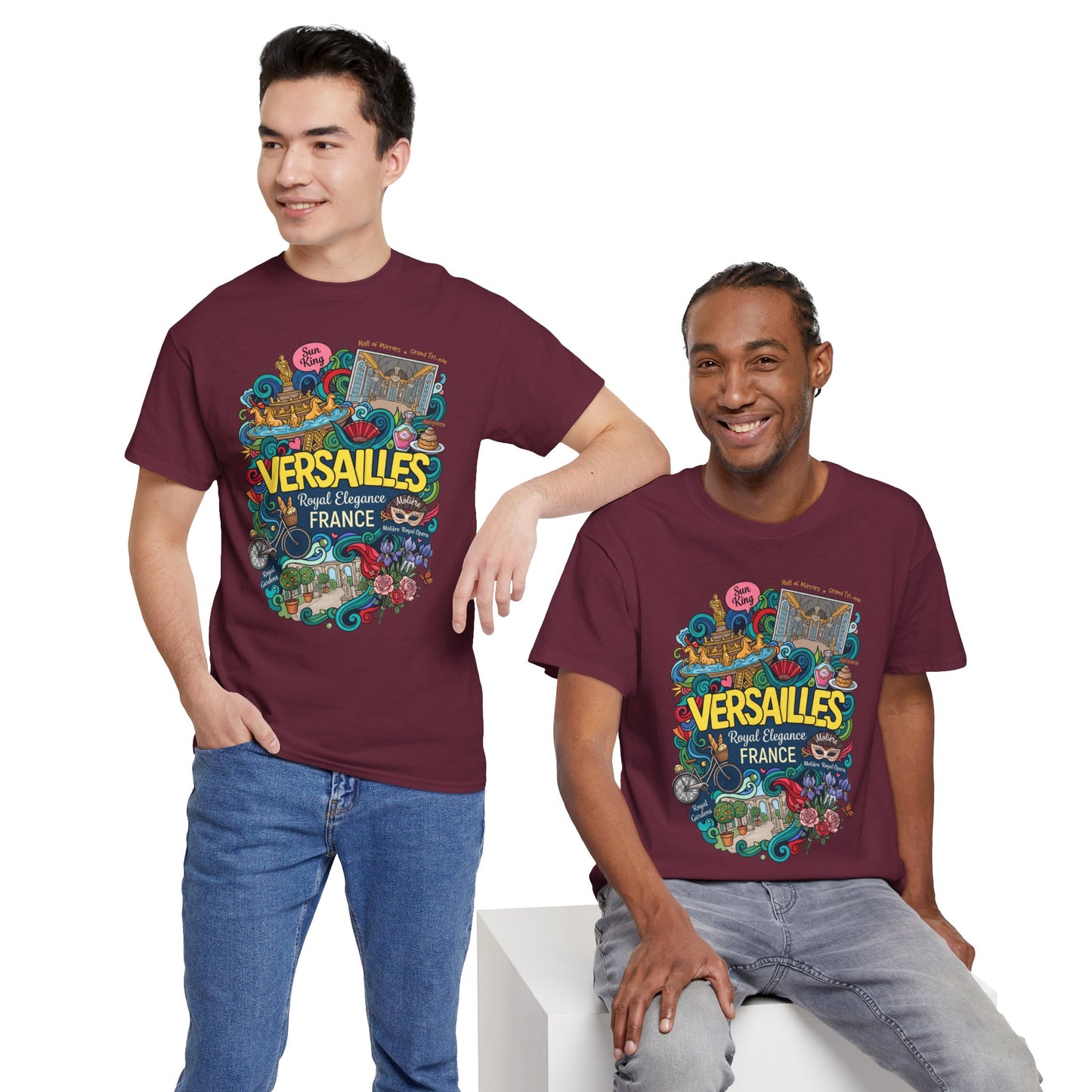 Maroon crewneck T-shirt with Versailles colorful front graphic on models