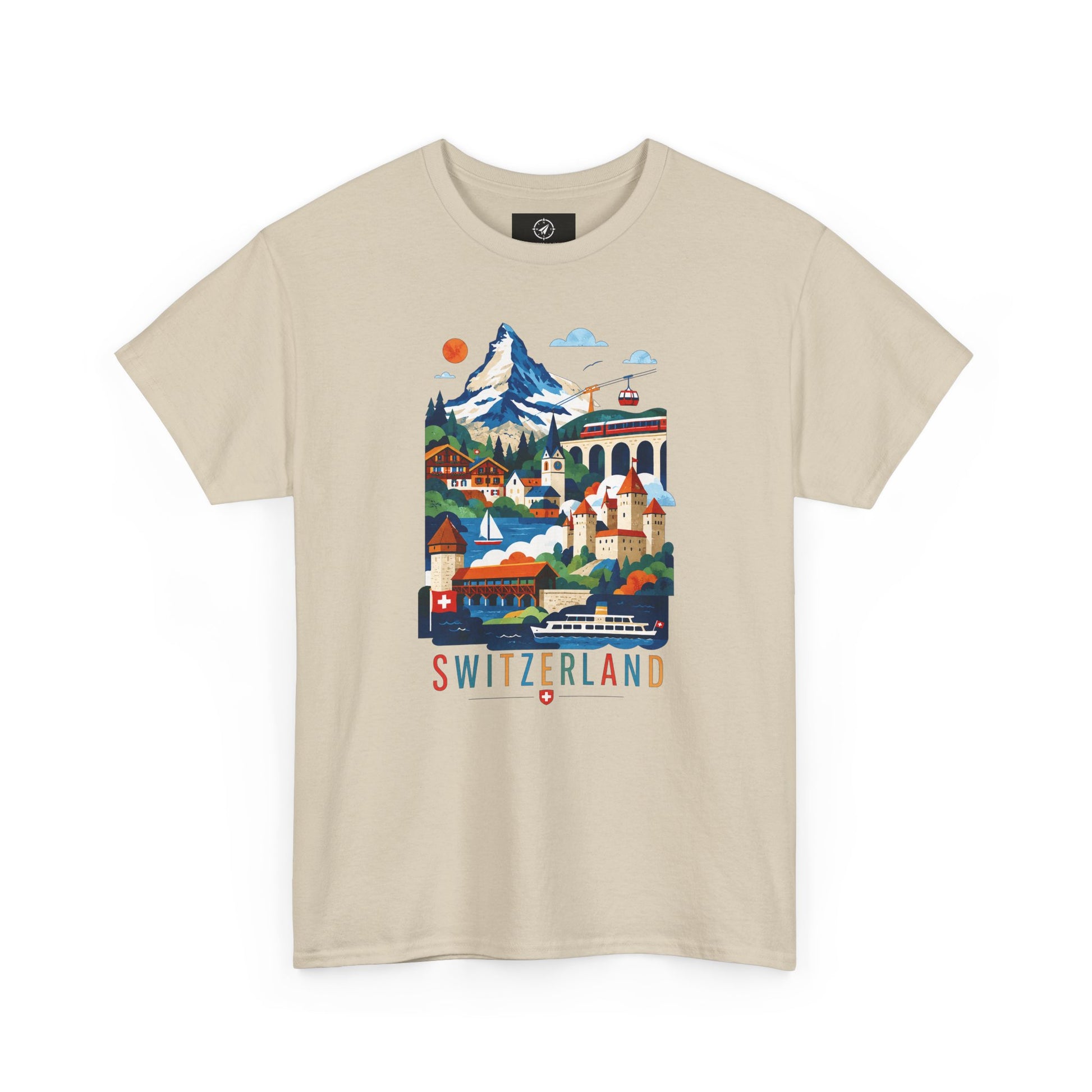 Natural T-shirt with colorful Switzerland village graphic on the front