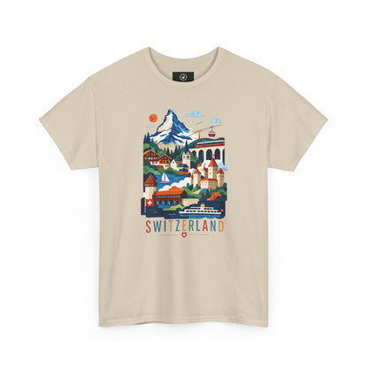 Natural T-shirt with colorful Switzerland village graphic on the front