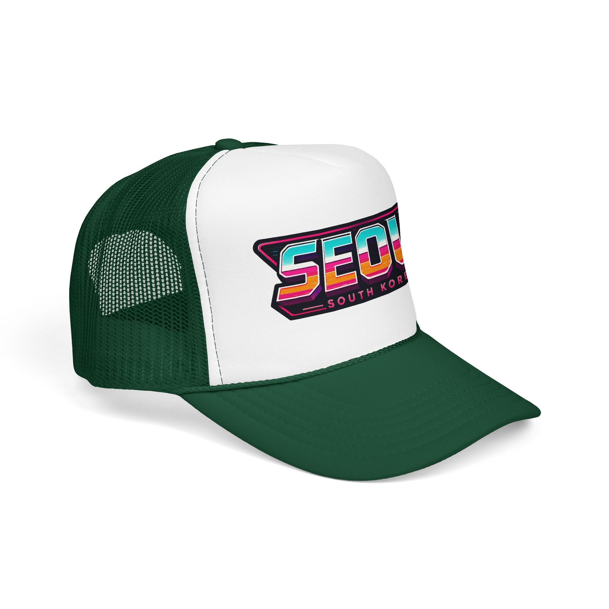 Dark green and white trucker hat with “SEOUL South Korea” logo patch on front panel