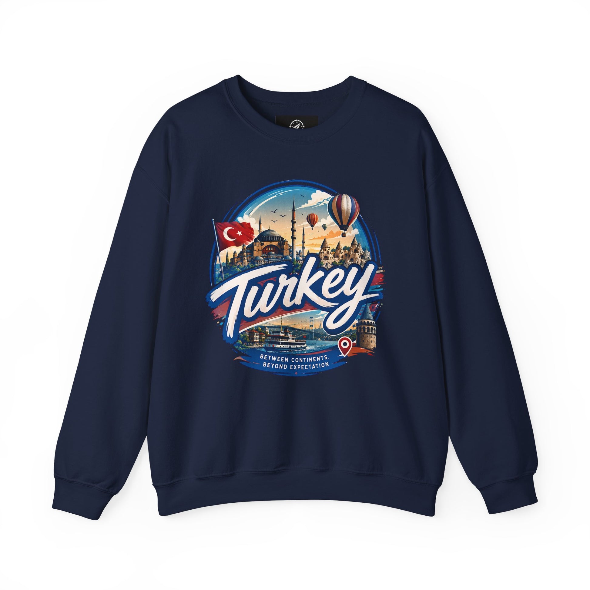 Navy crewneck sweatshirt with retro “Turkey” graphic on the chest