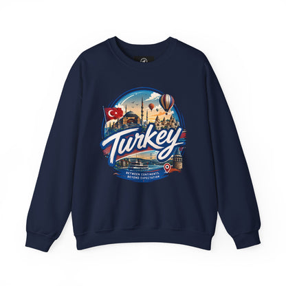 Navy crewneck sweatshirt with retro “Turkey” graphic on the chest
