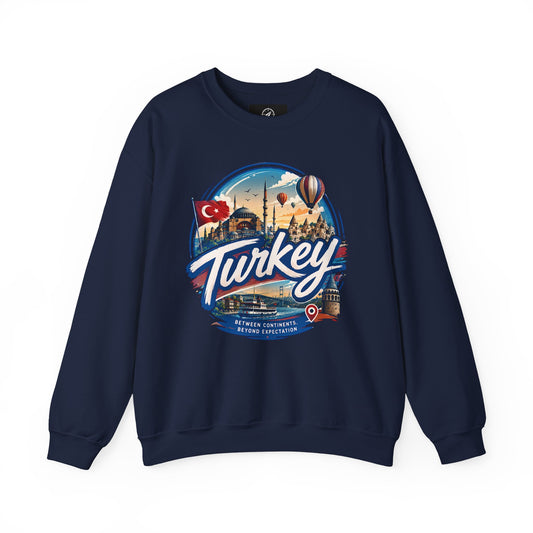 Navy crewneck sweatshirt with retro “Turkey” graphic on the chest