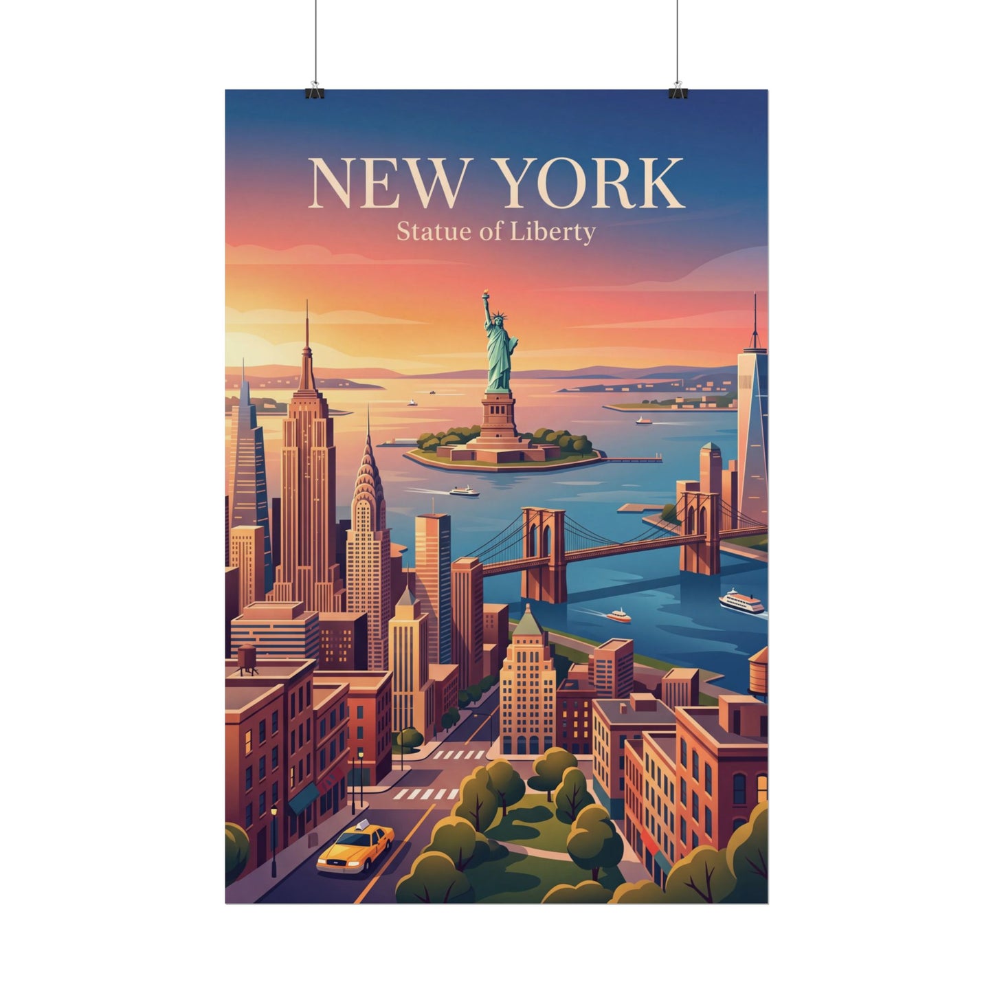 New York skyline poster with Statue of Liberty and blue top title