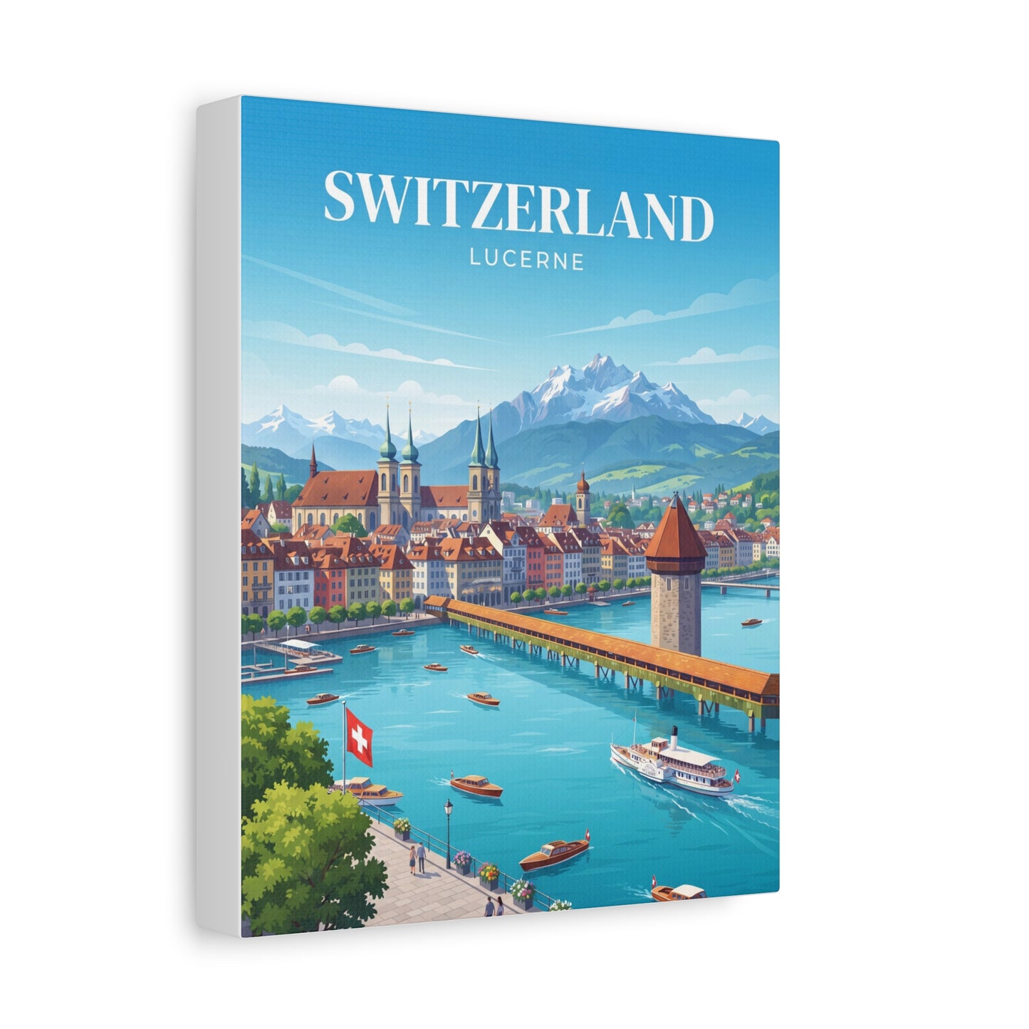 Matte canvas wall art with Switzerland Lucerne text over lakeside city, boats, and mountains