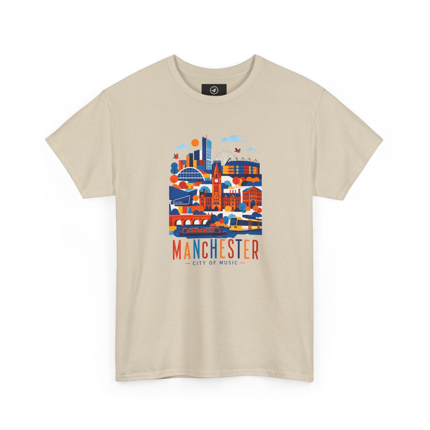 Beige short-sleeve crewneck T-shirt with Manchester skyline graphic on front