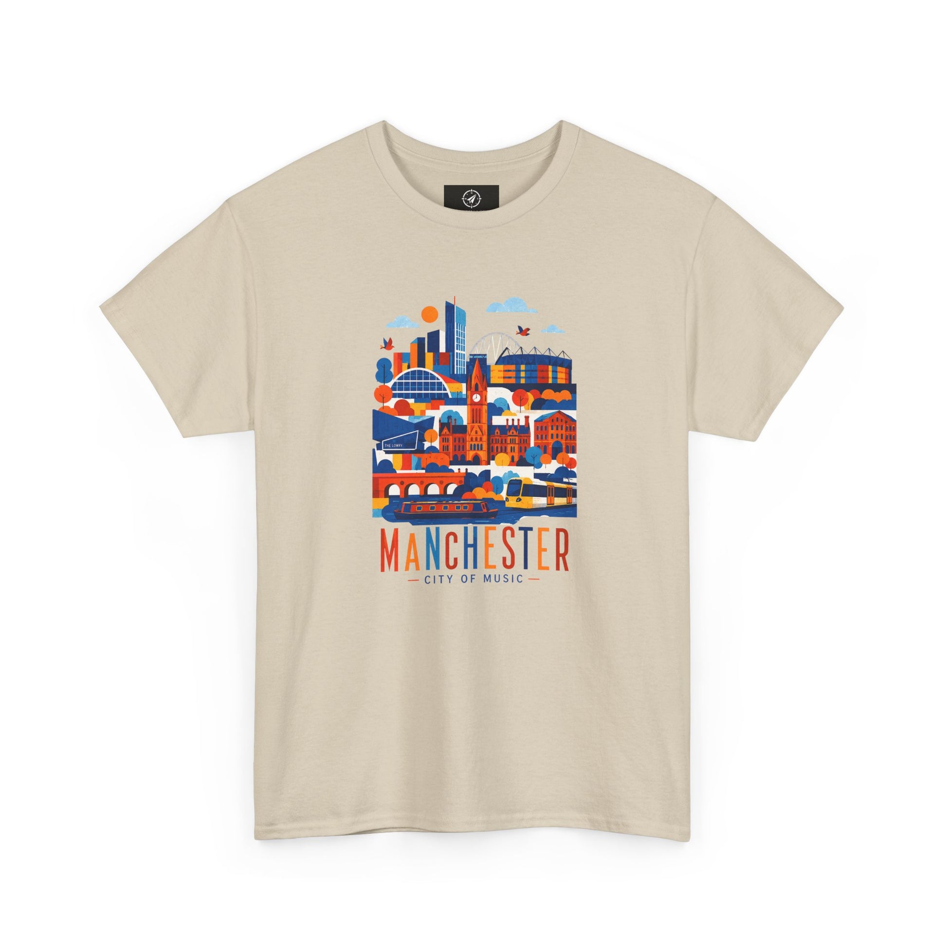 Beige short-sleeve crewneck T-shirt with Manchester skyline graphic on front