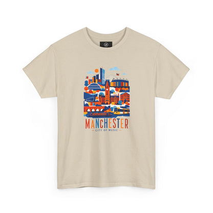 Beige short-sleeve crewneck T-shirt with Manchester skyline graphic on front