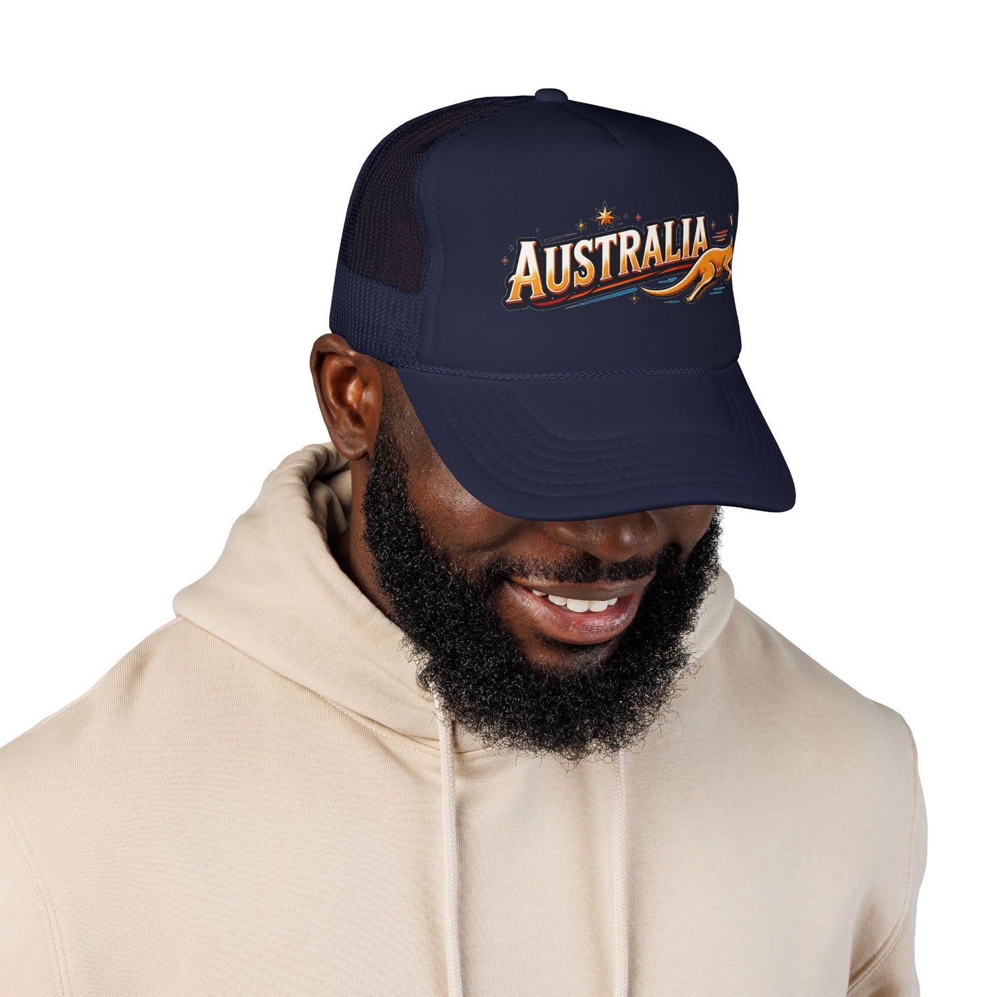 Navy trucker hat with mesh back and front 'AUSTRALIA' logo patch