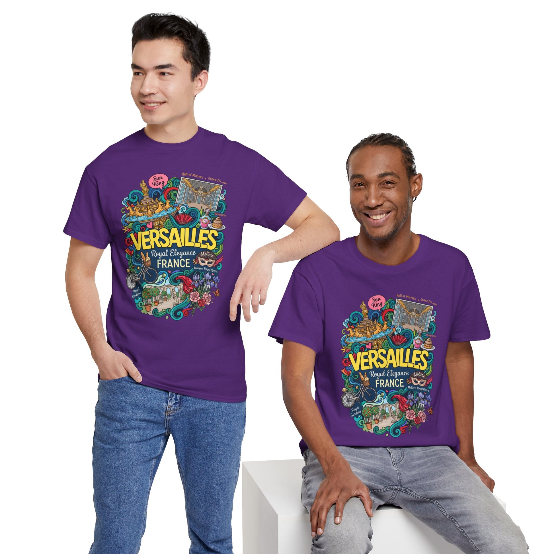 Purple crew-neck graphic t-shirt worn by models with blue jeans