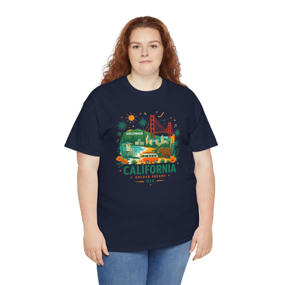 Navy crew-neck T-shirt with California travel graphic and small Hollywood icons