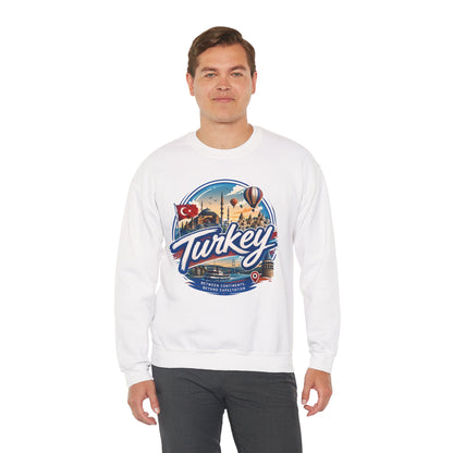 White crewneck sweatshirt with retro “Turkey” graphic on the chest