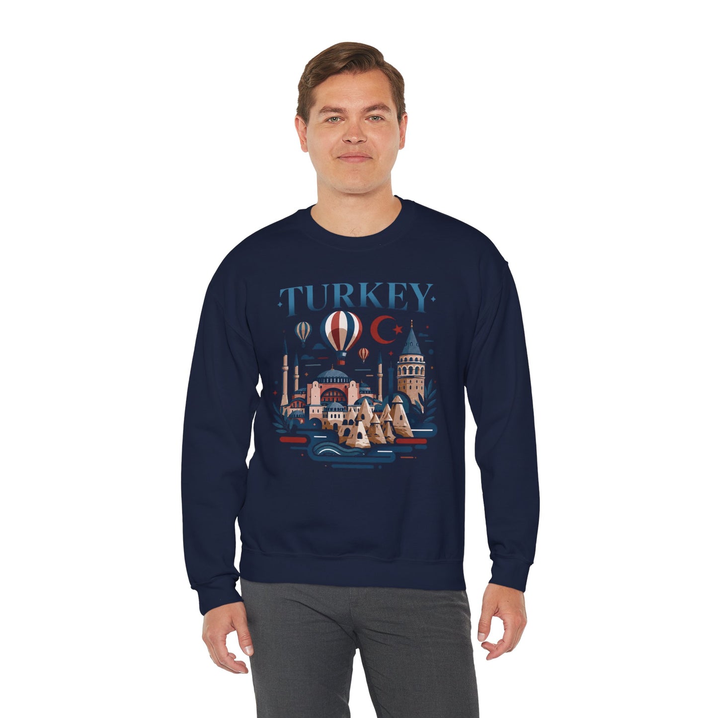 Navy turkey travel sweatshirt with long sleeves and colorful front graphic on model