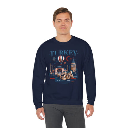 Navy turkey travel sweatshirt with long sleeves and colorful front graphic on model