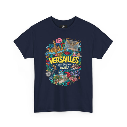 Navy crewneck T-shirt with colorful Versailles France graphic illustration