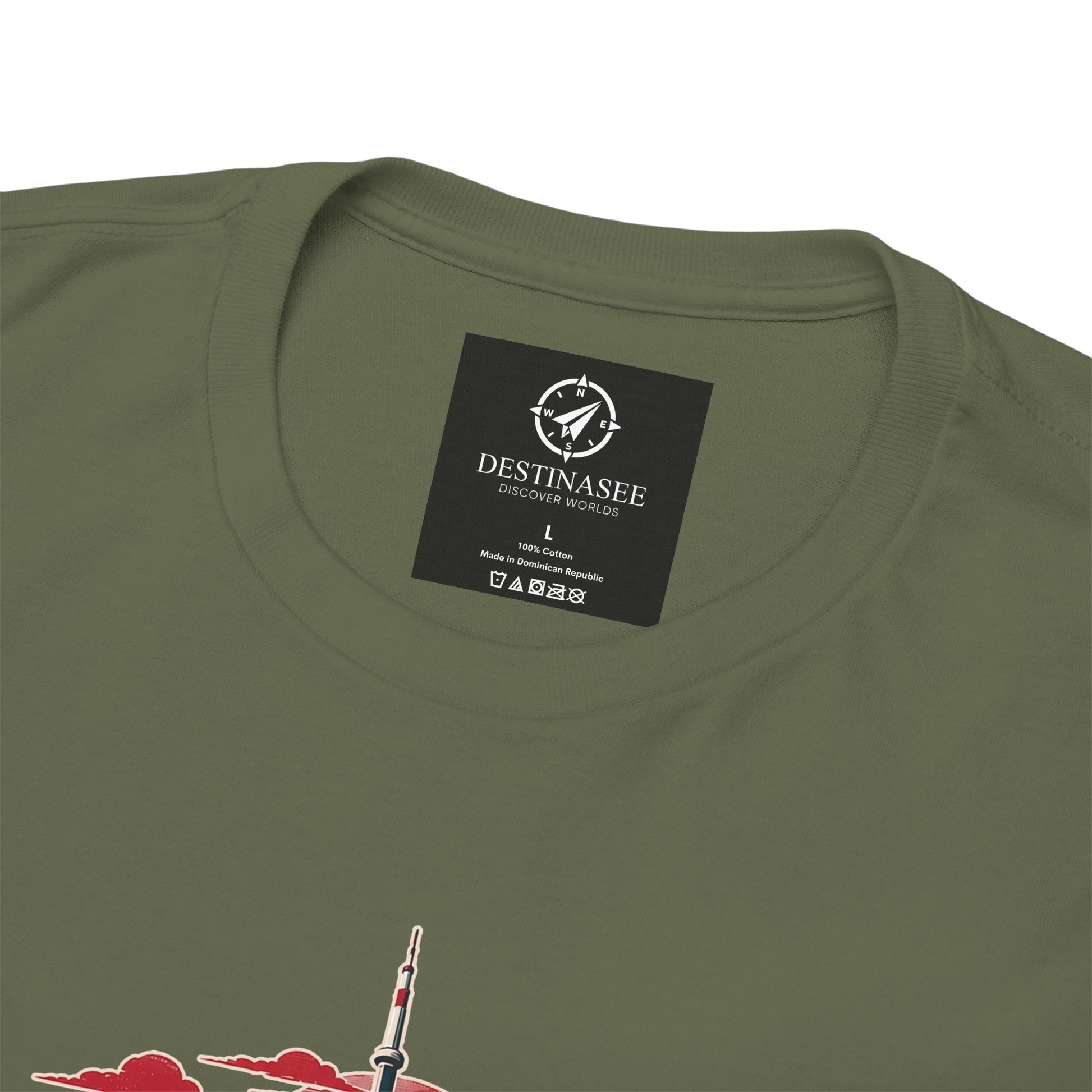 Olive green crewneck T-shirt back with small logo label near the collar