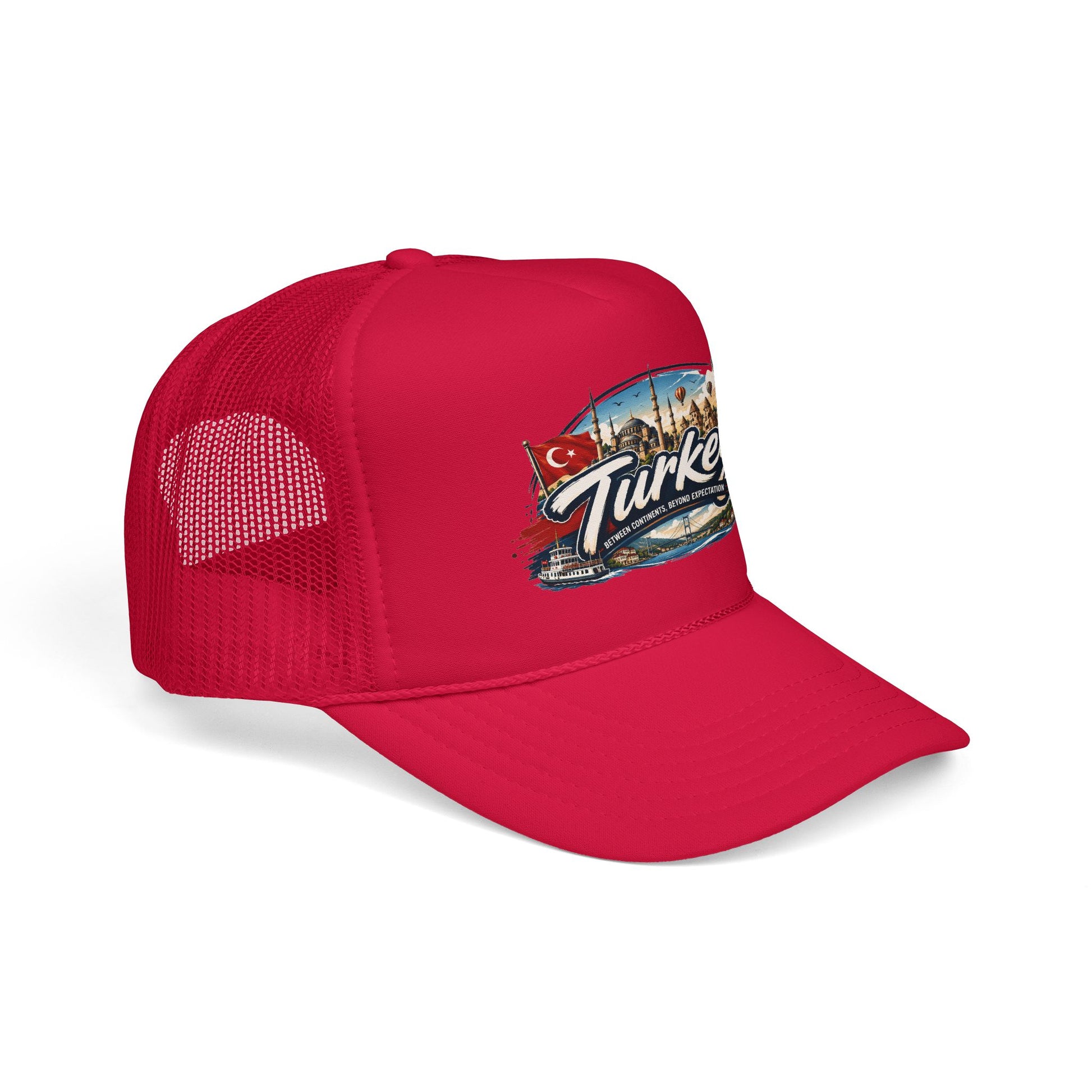 Red trucker hat with mesh back and Turkey logo patch, side view
