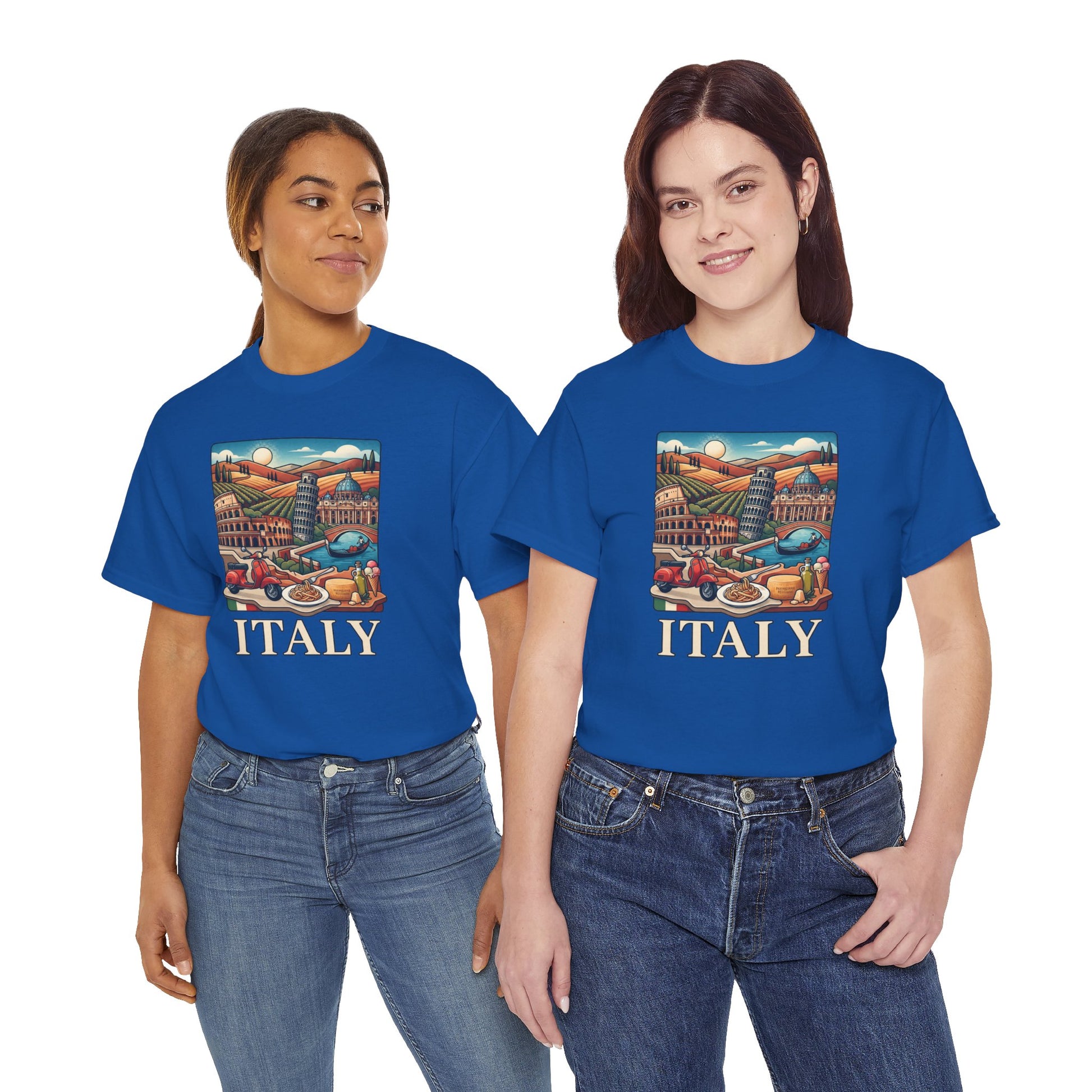 Two women wearing royal blue graphic T-shirts with Italy scenic print and “ITALY” text