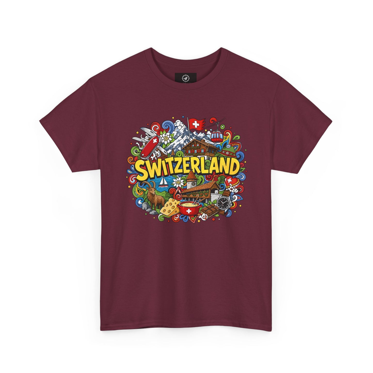 Maroon Switzerland travel T-shirt with colorful Switzerland badge graphic on chest