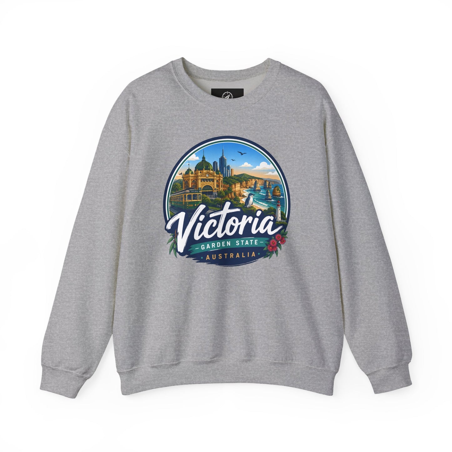 Sport gray crewneck sweatshirt with circular Victoria Australia graphic on the chest