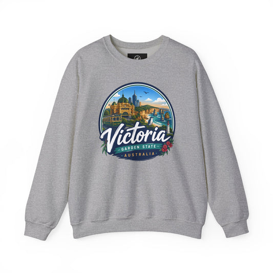 Sport gray crewneck sweatshirt with circular Victoria Australia graphic on the chest