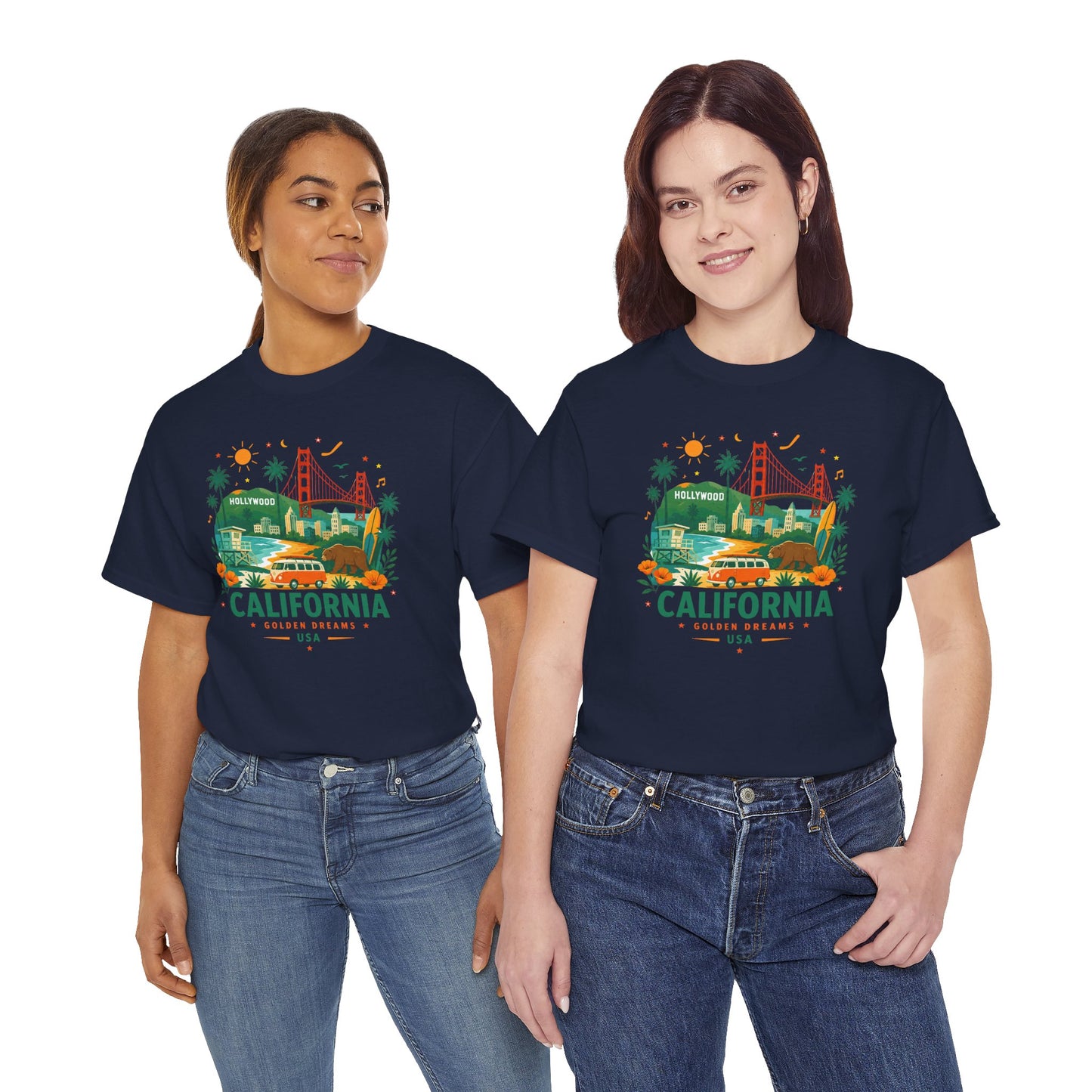 Navy crew-neck T-shirt with California graphic front, worn by two women
