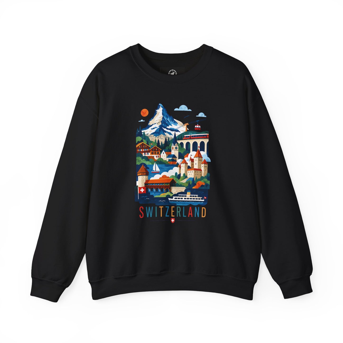 Black crewneck sweatshirt with colorful Switzerland graphic on the front