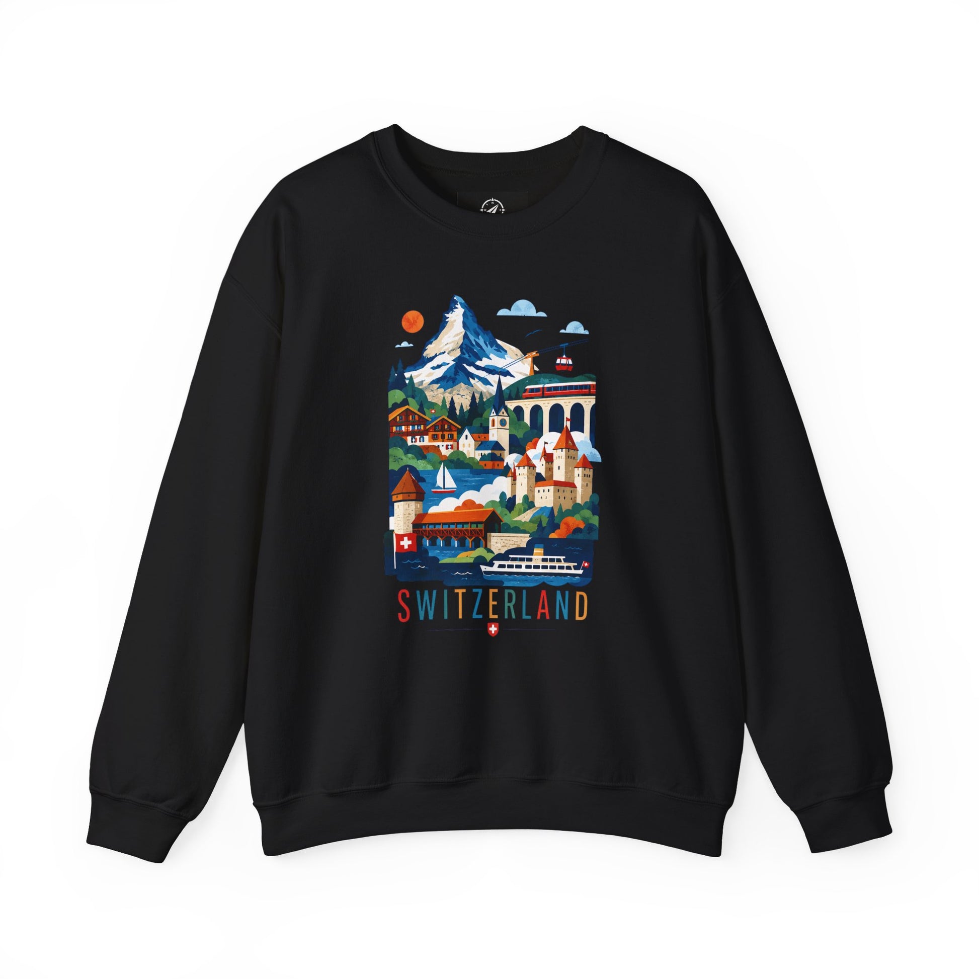 Black crewneck sweatshirt with colorful Switzerland graphic on the front