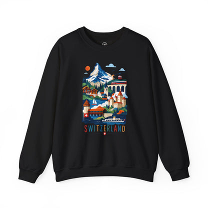 Black crewneck sweatshirt with colorful Switzerland graphic on the front