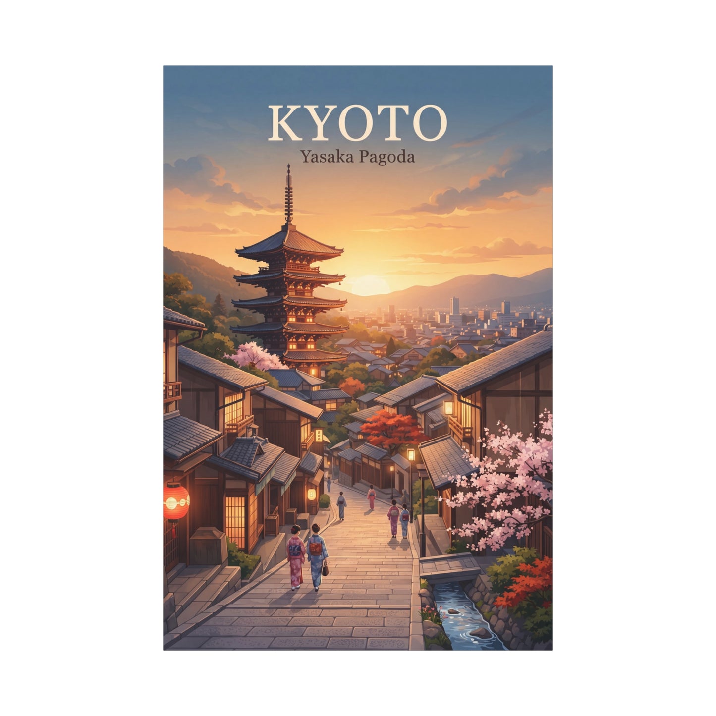 Matte canvas print showing Kyoto pagoda above a cherry-lined street at sunset