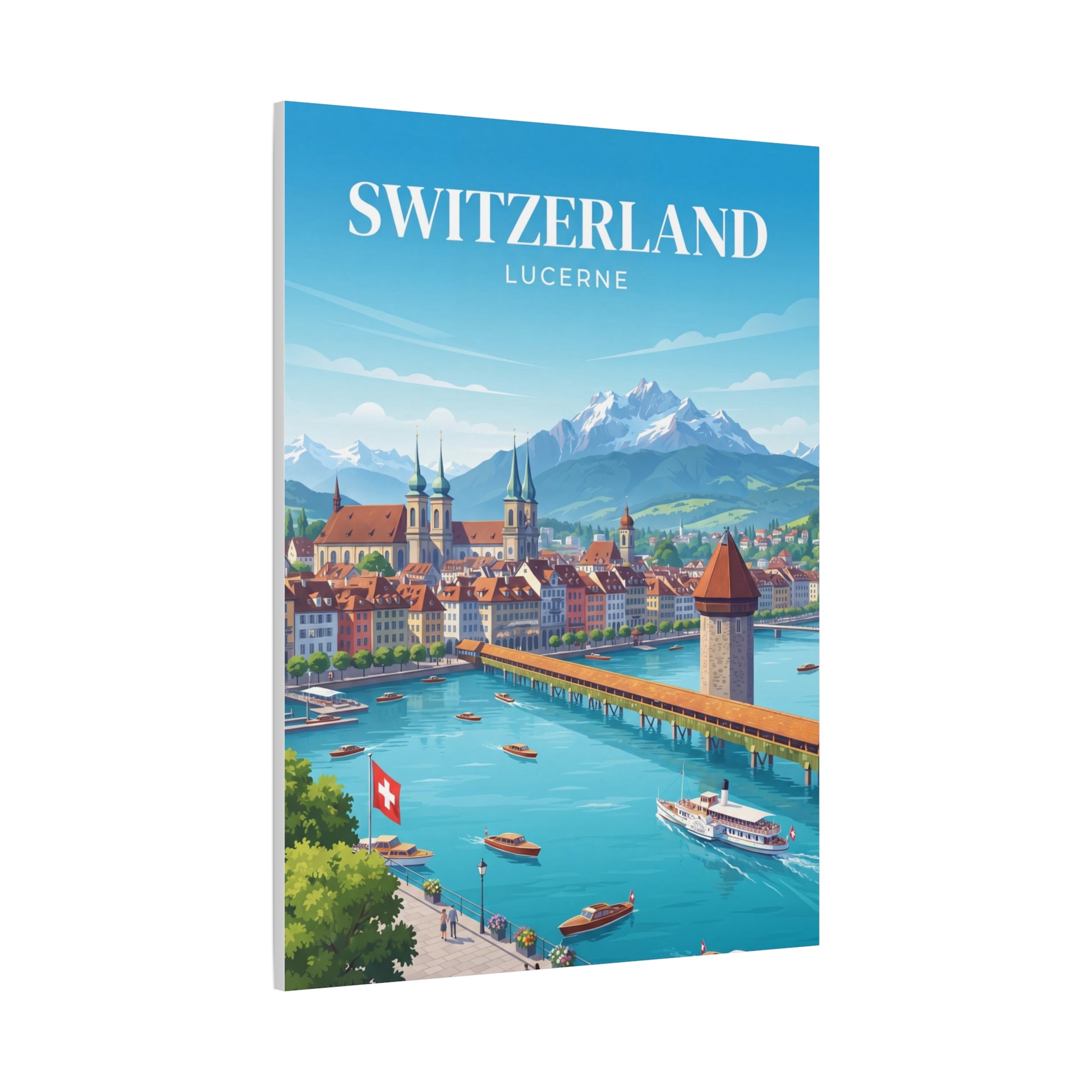 Matte canvas wall art showing Switzerland Lucerne lettering over riverside promenade and boats