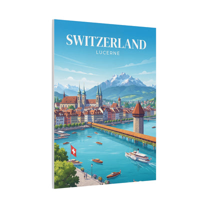 Matte canvas wall art showing Switzerland Lucerne lettering over riverside promenade and boats