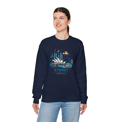 Navy crewneck sweatshirt with colorful Sydney harbor city graphic on chest