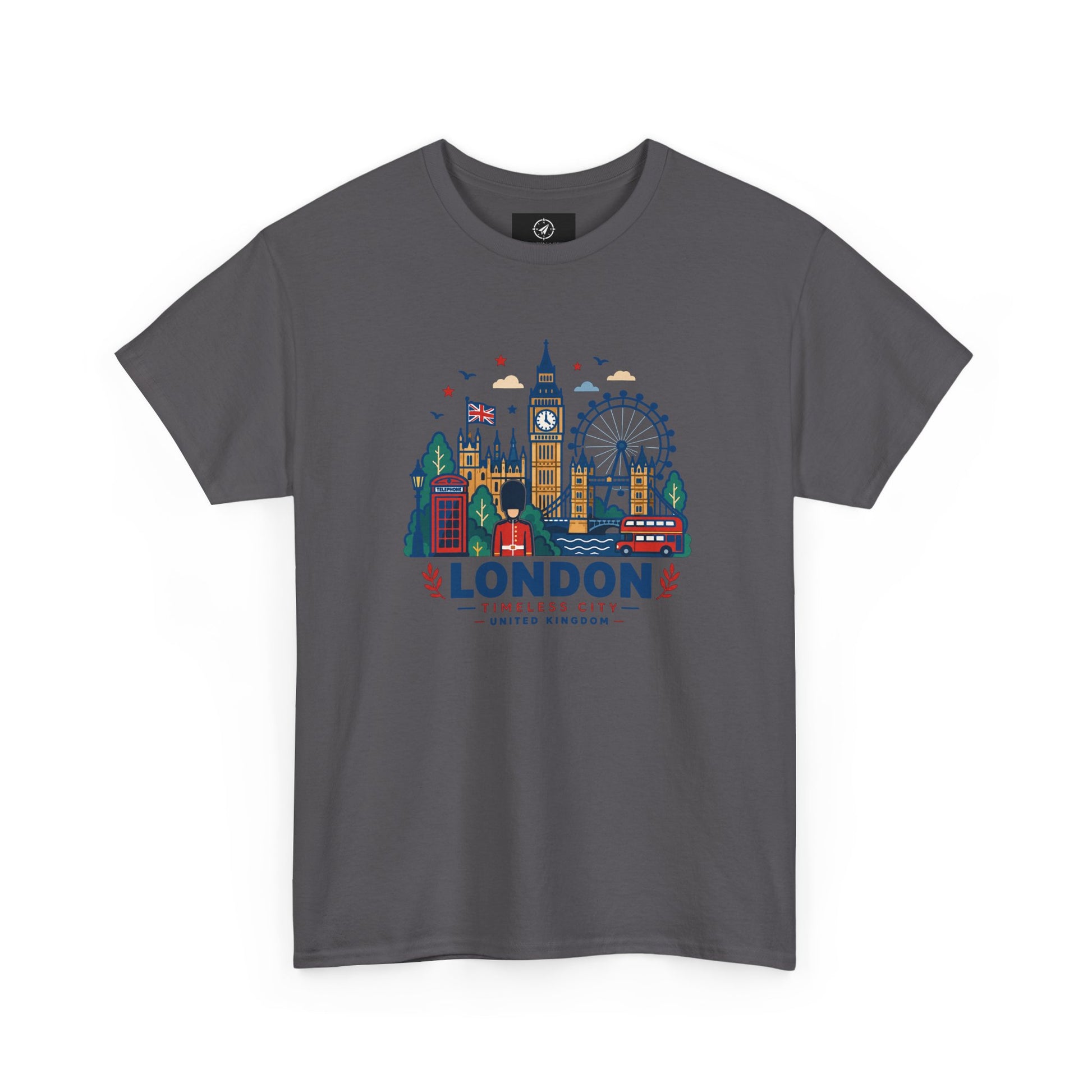 Charcoal t-shirt with colorful London skyline graphic on the front