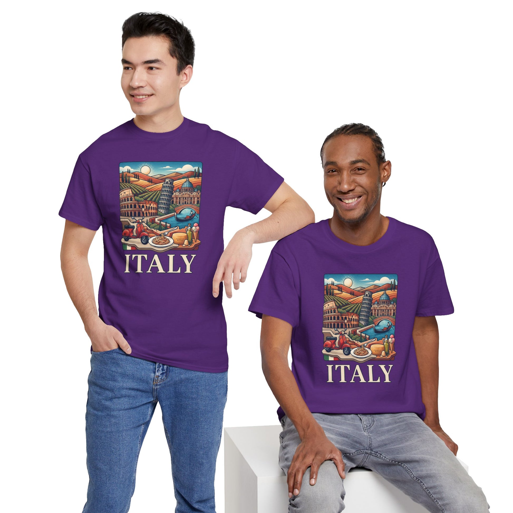 Purple T-shirt with Italy scenic print and ITALY lettering on two models