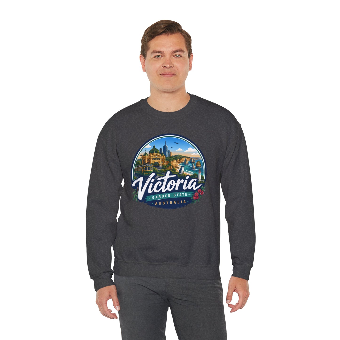 Dark heather vintage crewneck sweatshirt with centered Victoria Australia chest graphic