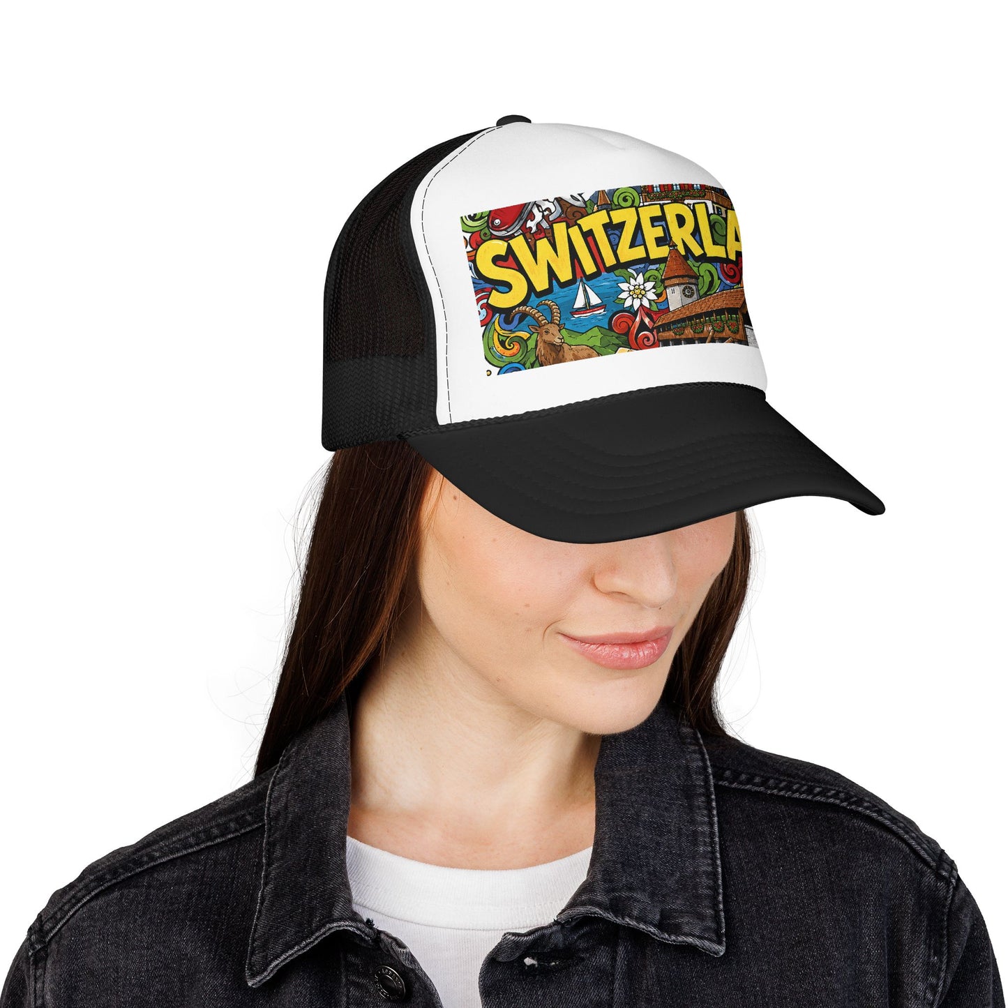 Trucker hat with black mesh, white front, black brim, and colorful Switzerland graphic patch