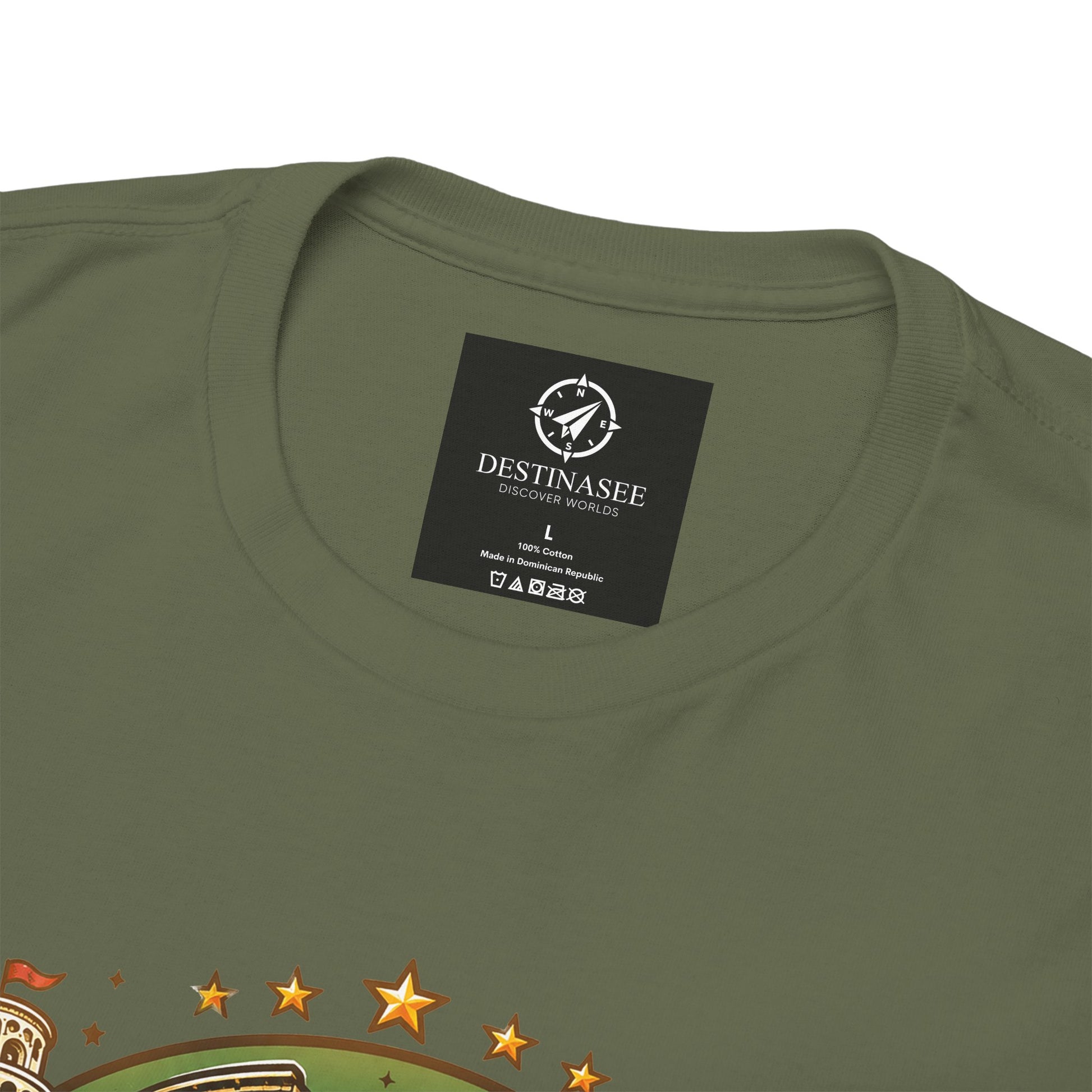 Olive green vintage travel T-shirt close-up with neck label and star graphic edge