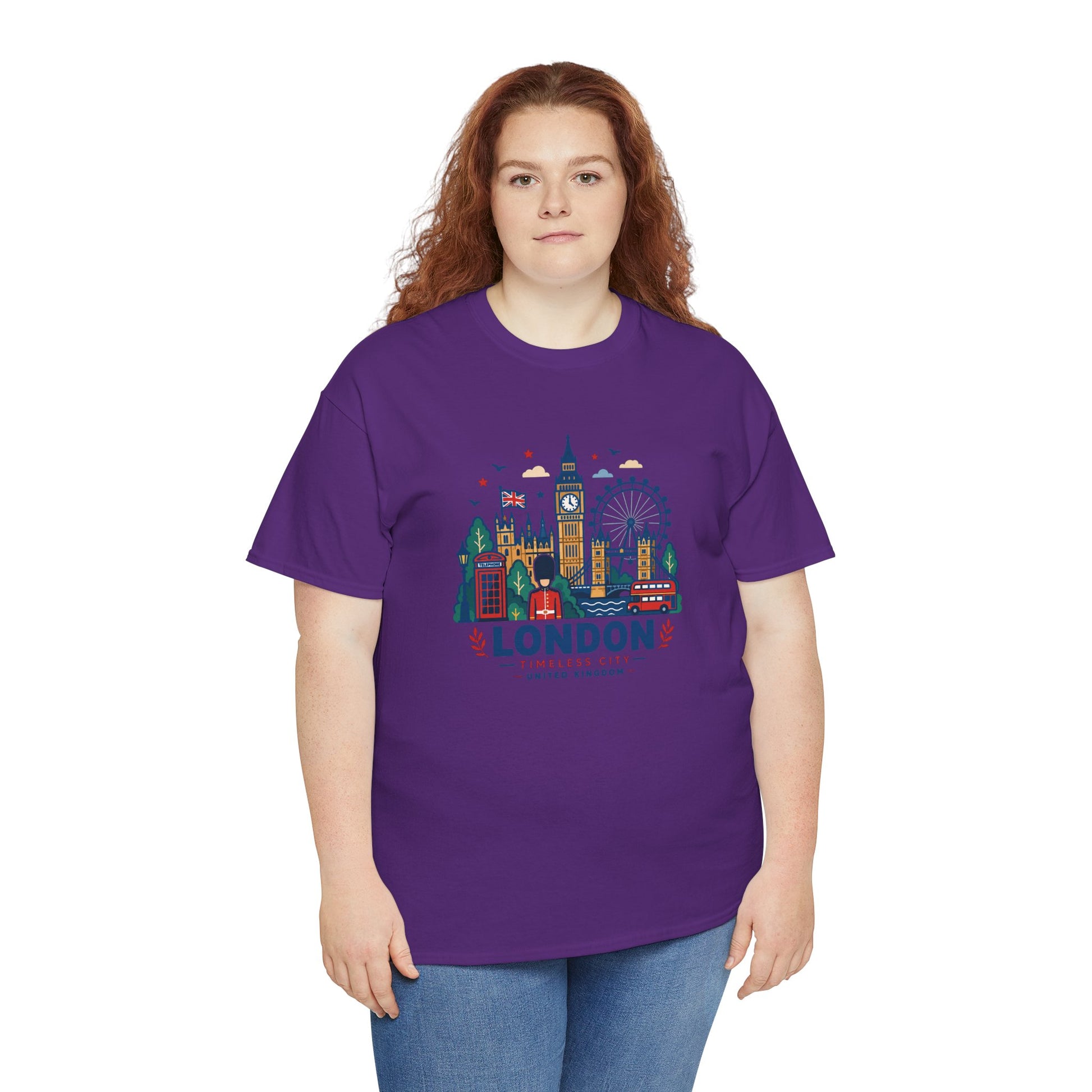 Purple crew-neck T-shirt with London skyline graphic, worn by a model.