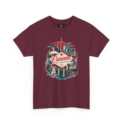 Maroon crewneck T-shirt with front Canada City Collection skyline graphic