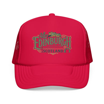 Red trucker hat with mesh back and Edinburgh Scotland logo on front panel.