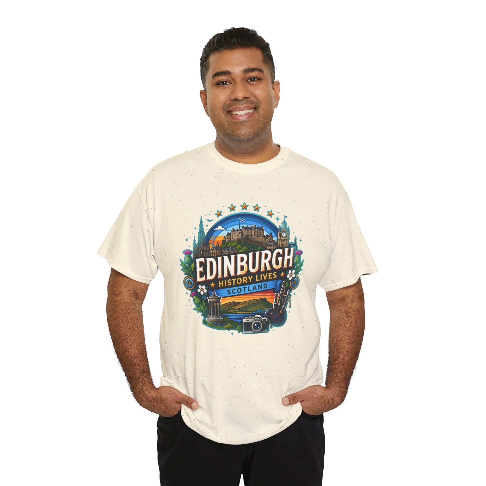 Natural cream crewneck T-shirt with circular Edinburgh graphic on the chest