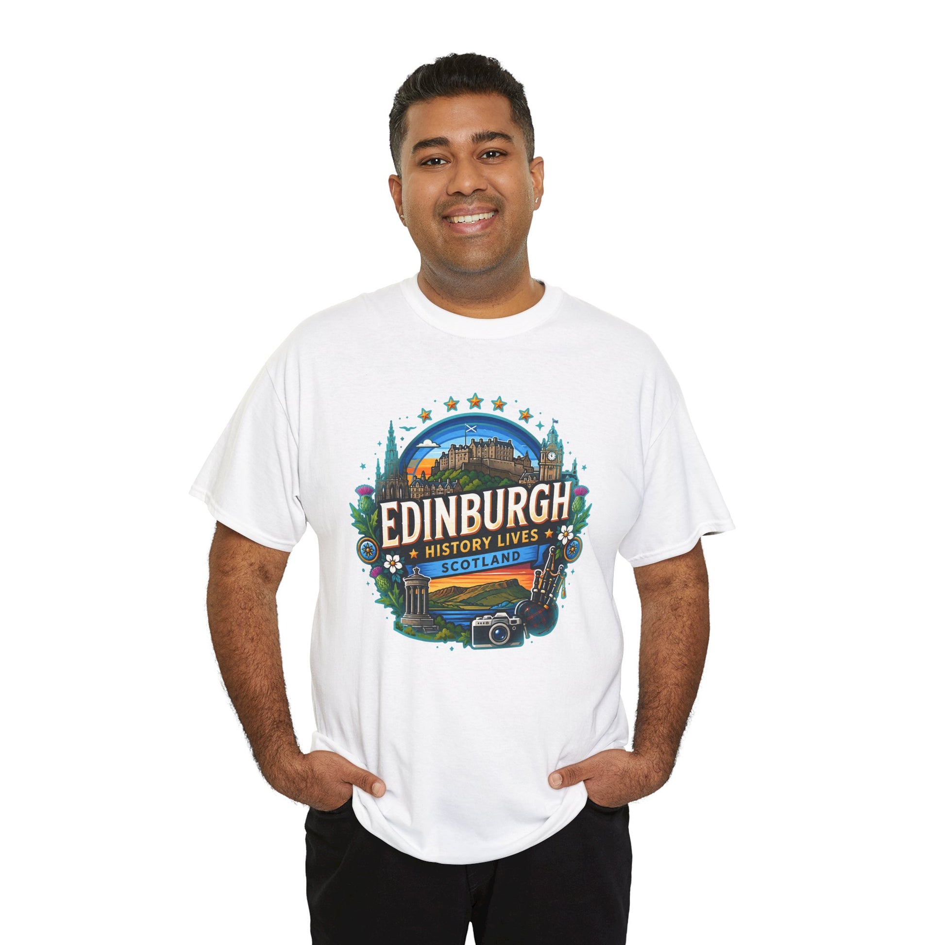 White crew-neck T-shirt with centered Edinburgh-themed graphic print