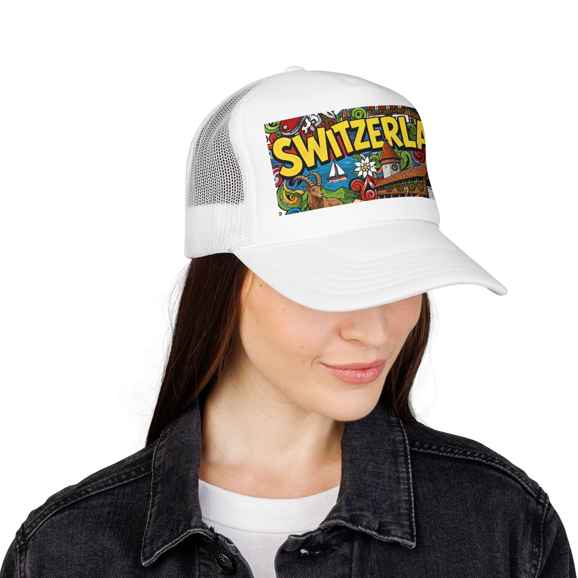 White trucker hat with mesh back and colorful “SWITZERLAN” front graphic patch