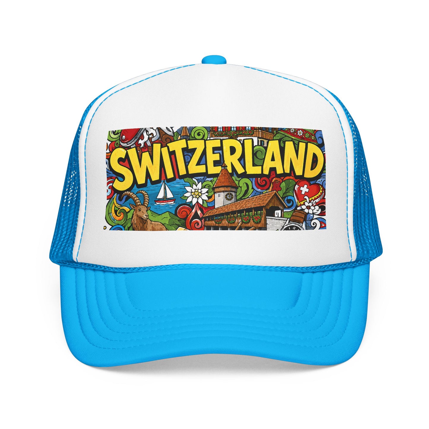 Light blue trucker hat with colorful “SWITZERLAND” doodle graphic front panel.