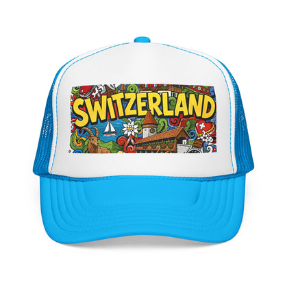 Light blue trucker hat with colorful “SWITZERLAND” doodle graphic front panel.