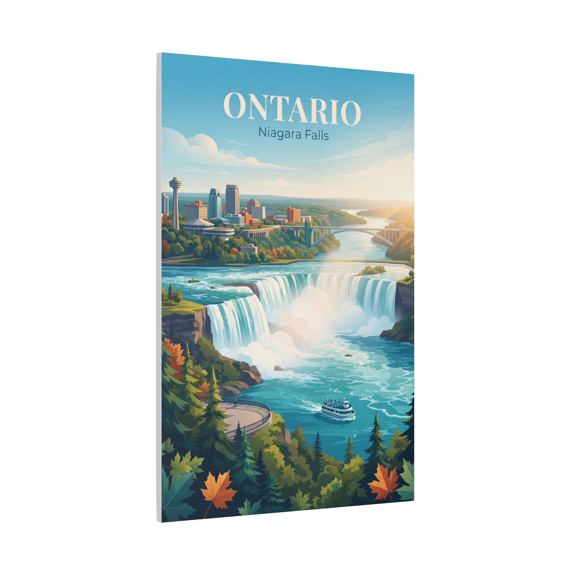 Vertical canvas wall art of Niagara Falls with river gorge, trees, and “Ontario” text