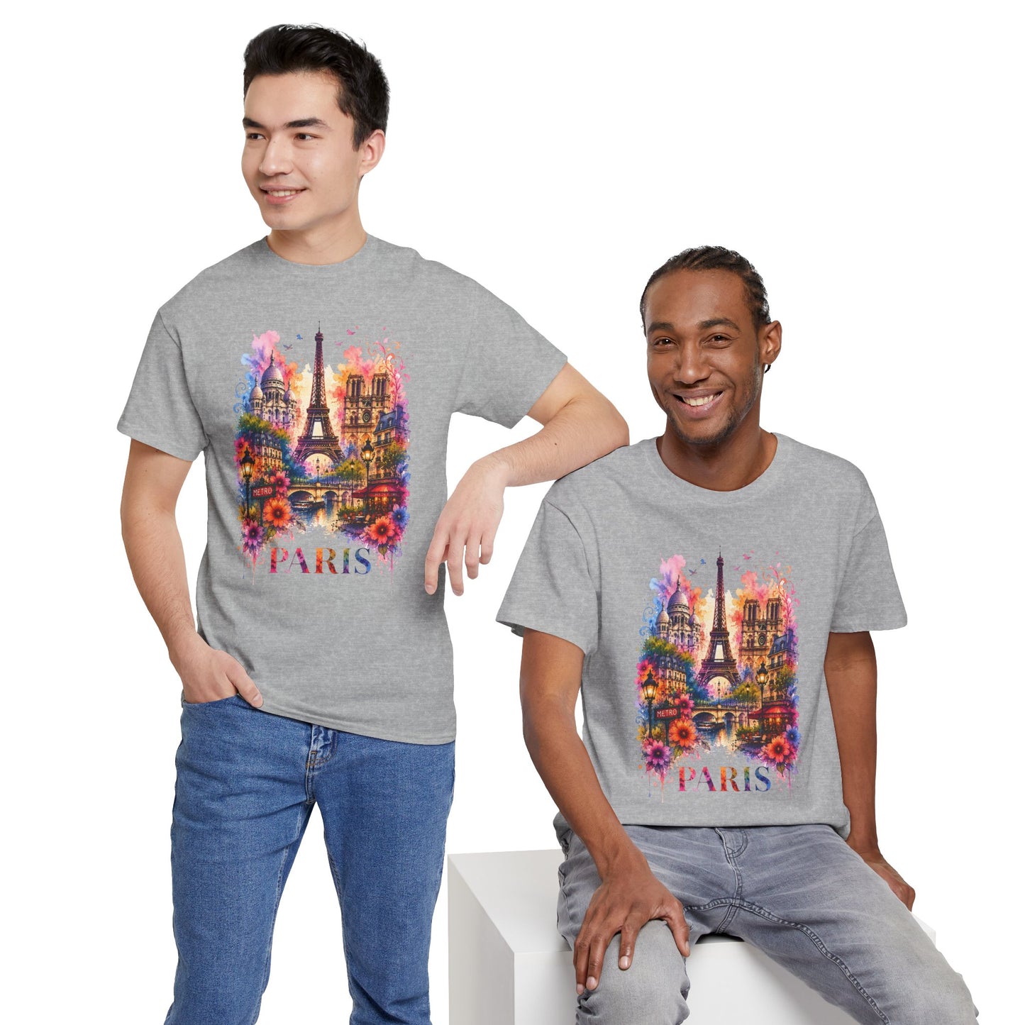 Eiffel Tower floral watercolor T-shirt in charcoal gray with Paris Eiffel graphic, front view